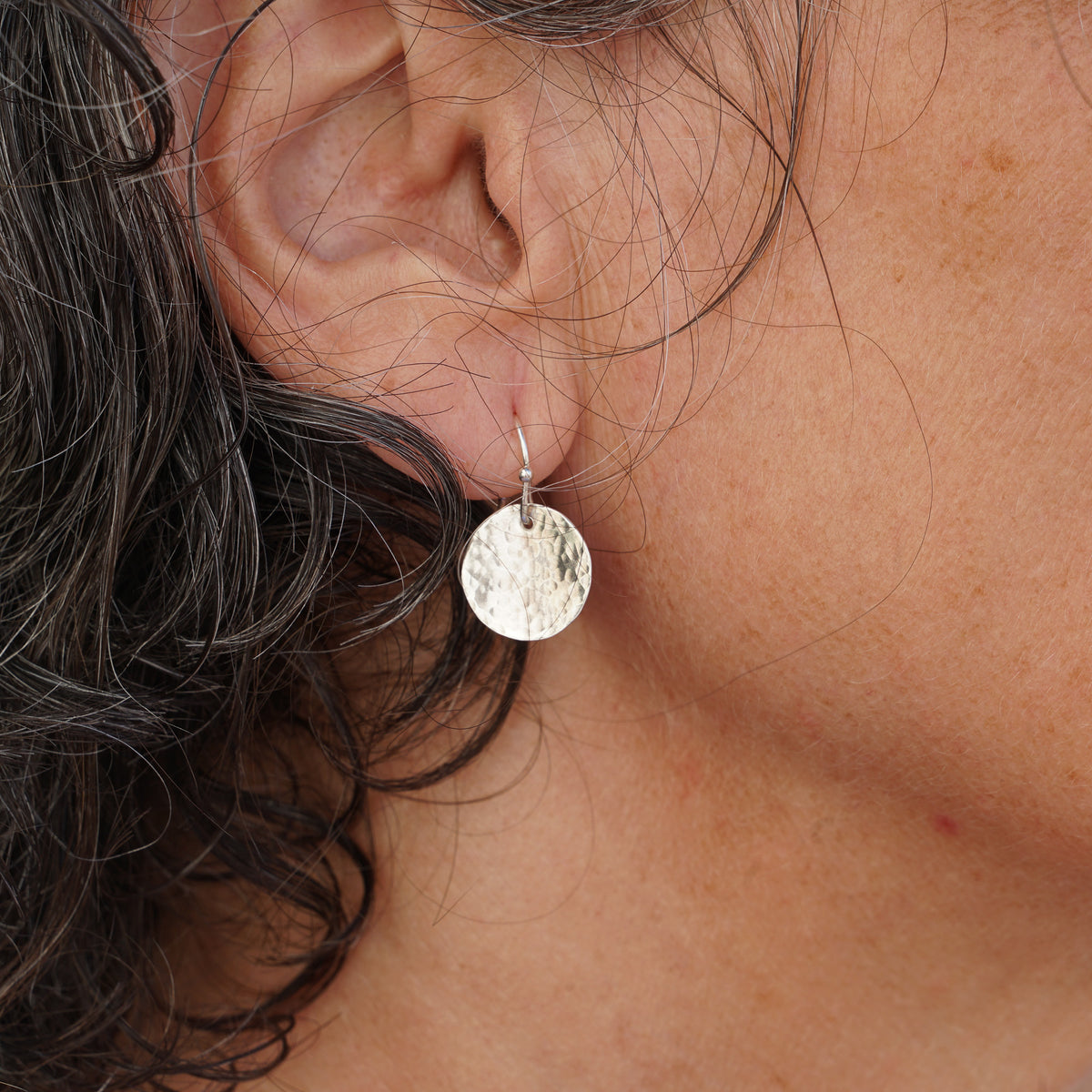 Single Hammered Silver Circle Drop Earrings