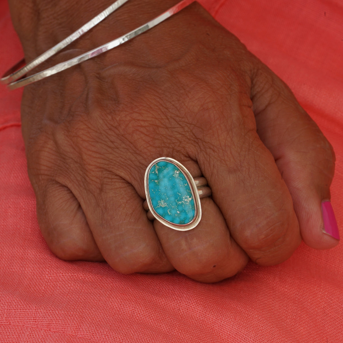 Kingman Teal Turquoise Ring on Sterling Silver Double Band