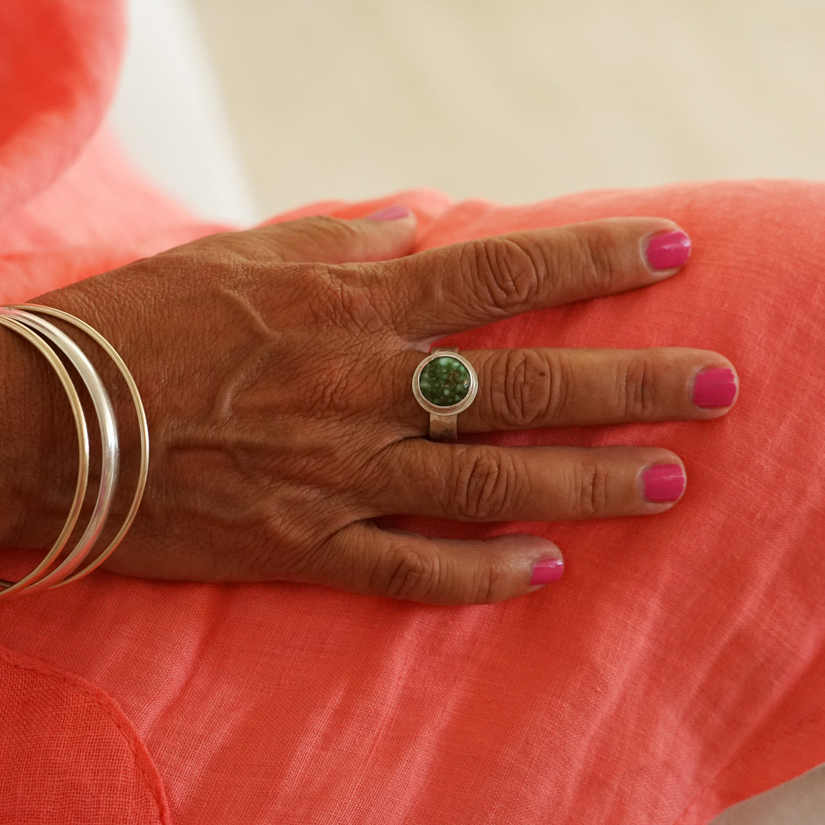 Sonoran Gold Round Turquoise Ring on Hammered Band