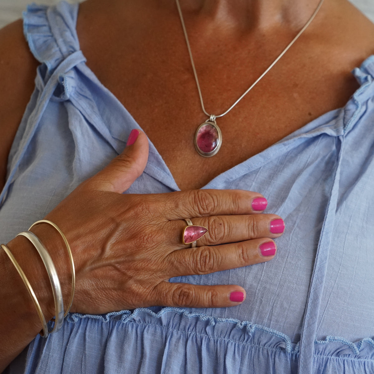 Pink Tourmaline Triangular Ring with 22k Gold Setting and Silver Band