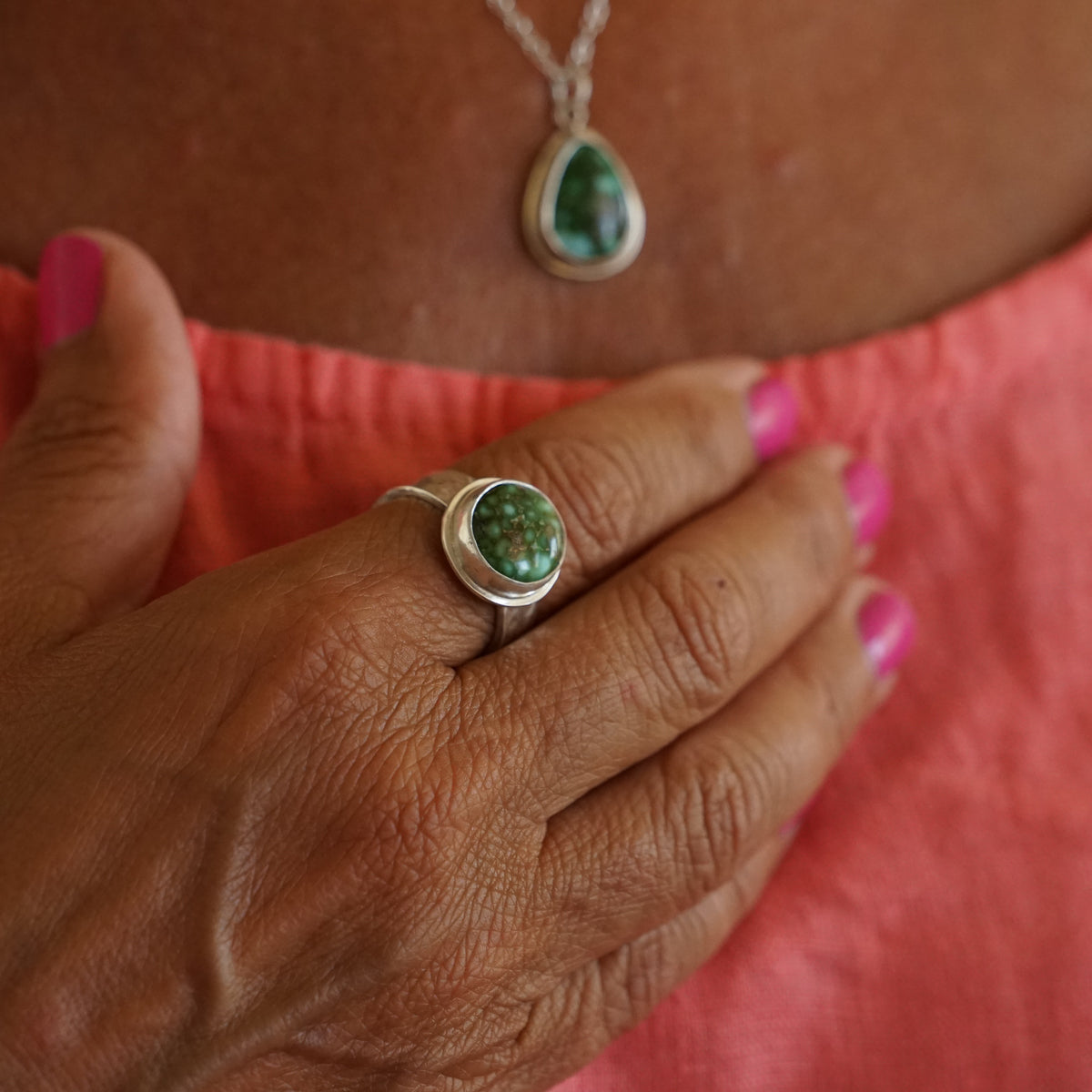 Sonoran Gold Round Turquoise Ring on Hammered Band