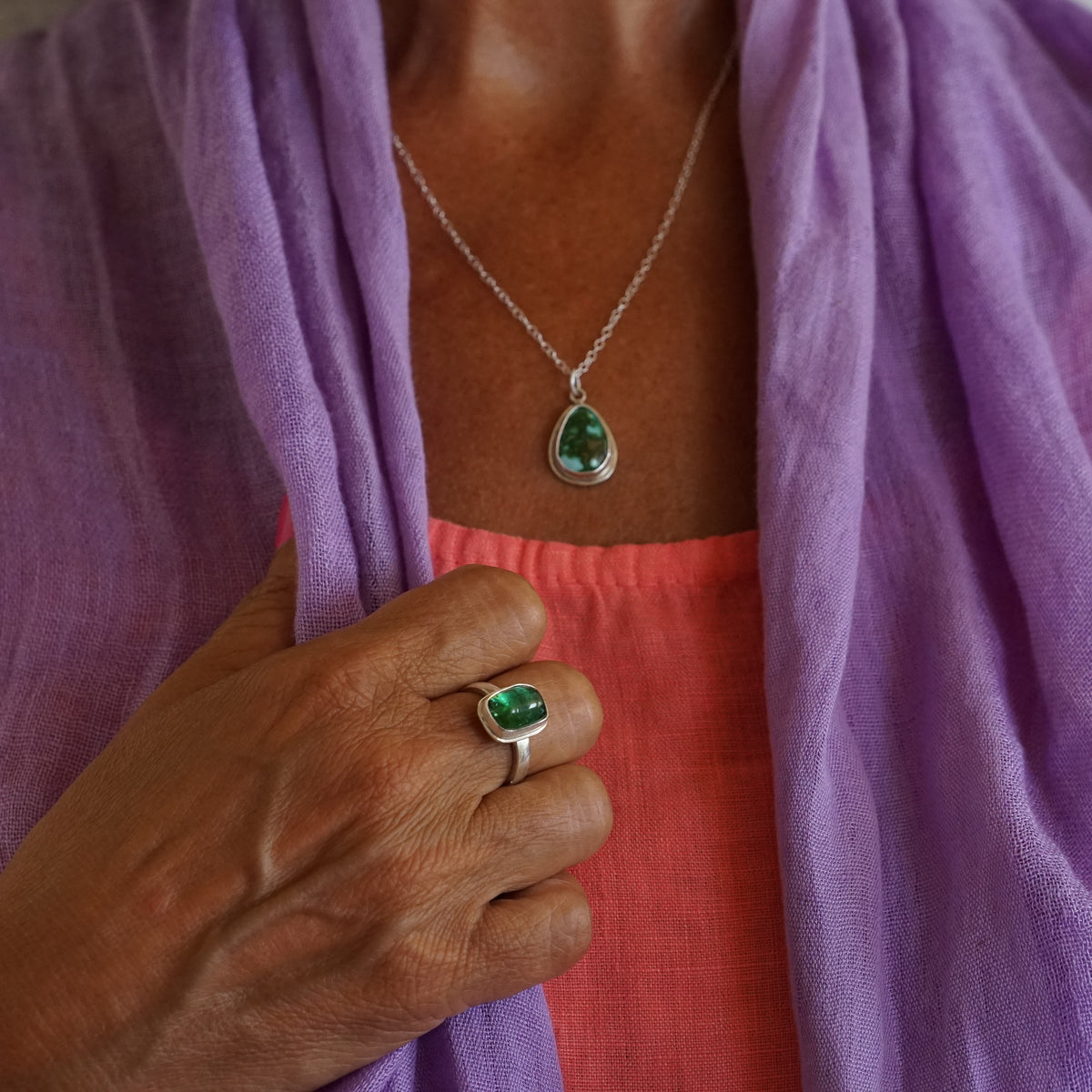 Vivid Green Tourmaline Ring in Silver Setting