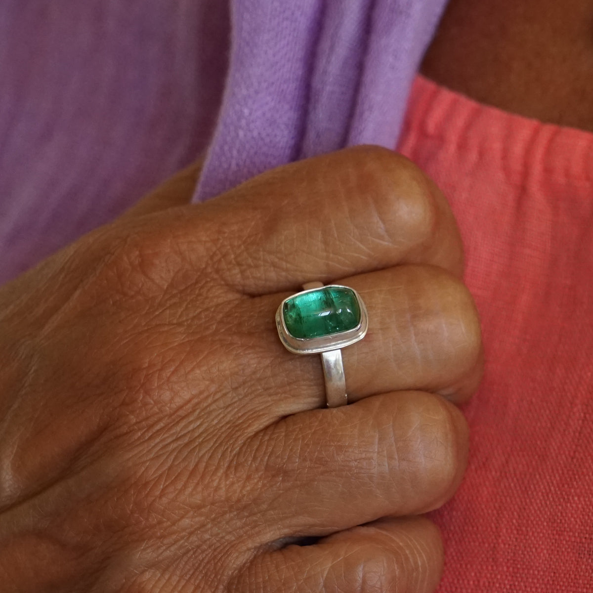 Vivid Green Tourmaline Ring in Silver Setting