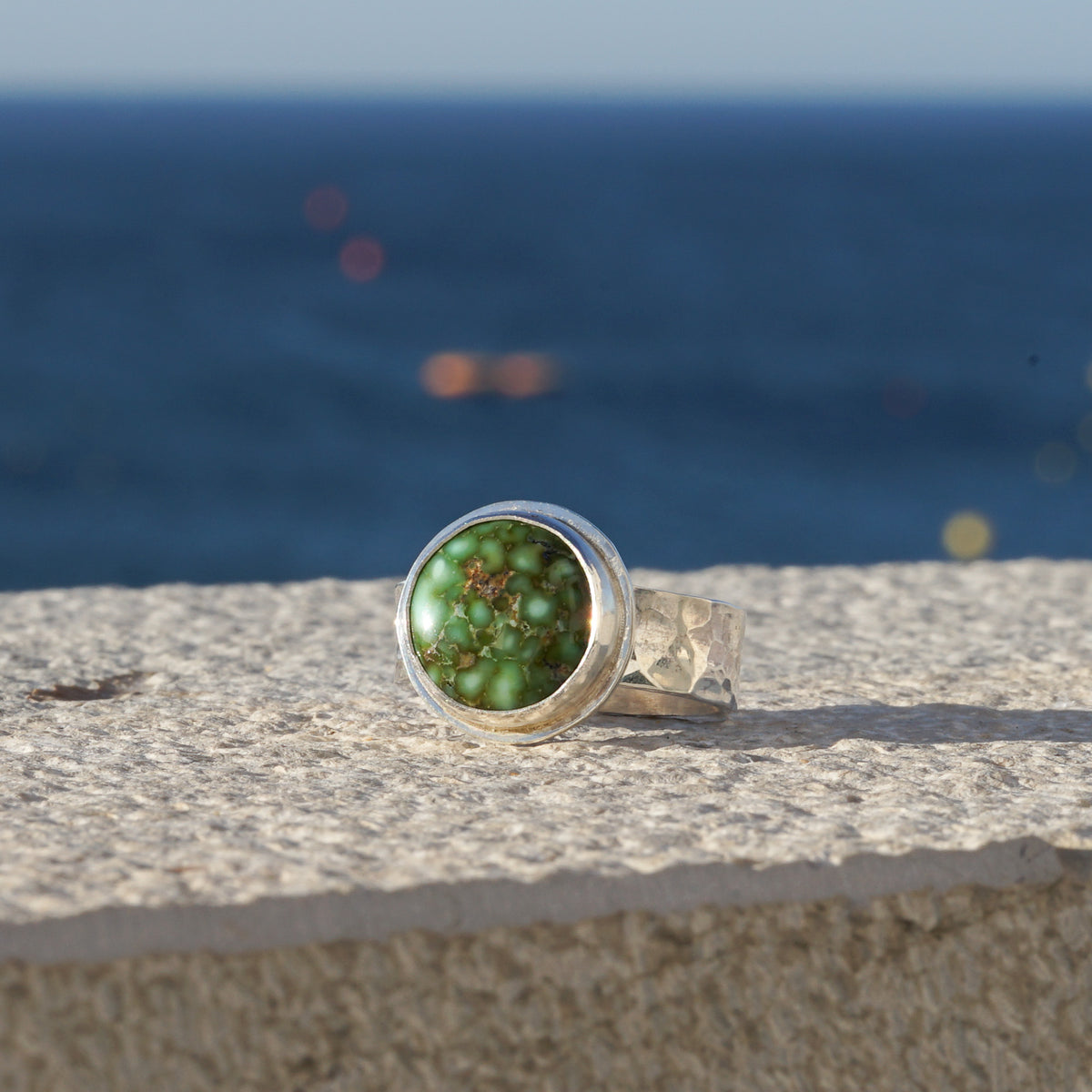 Sonoran Gold Round Turquoise Ring on Hammered Band