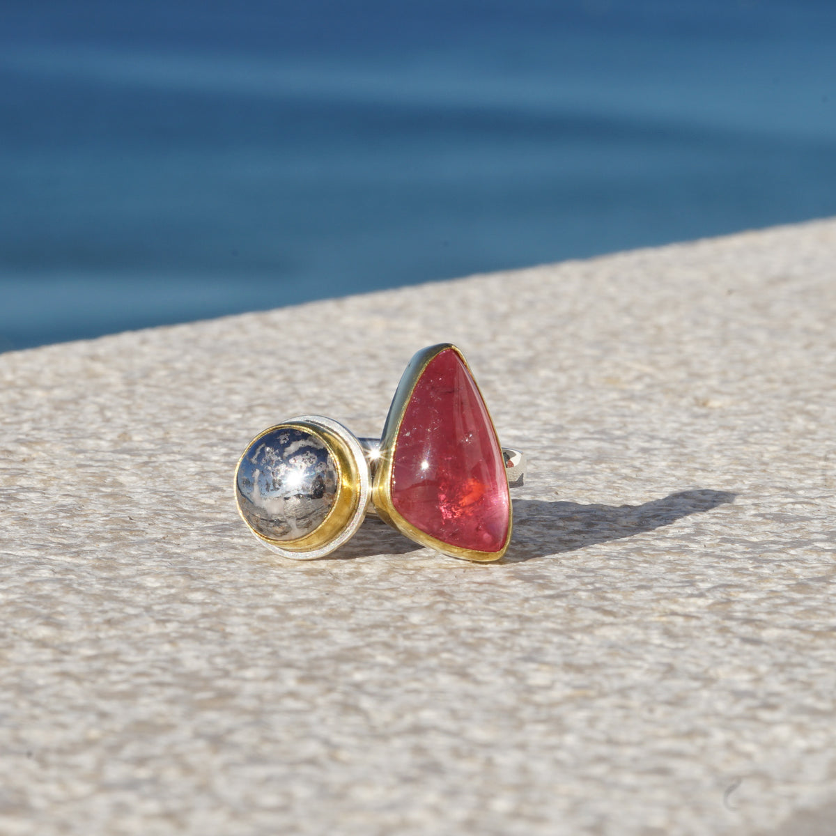 Pink Tourmaline Triangular Ring with 22k Gold Setting and Silver Band