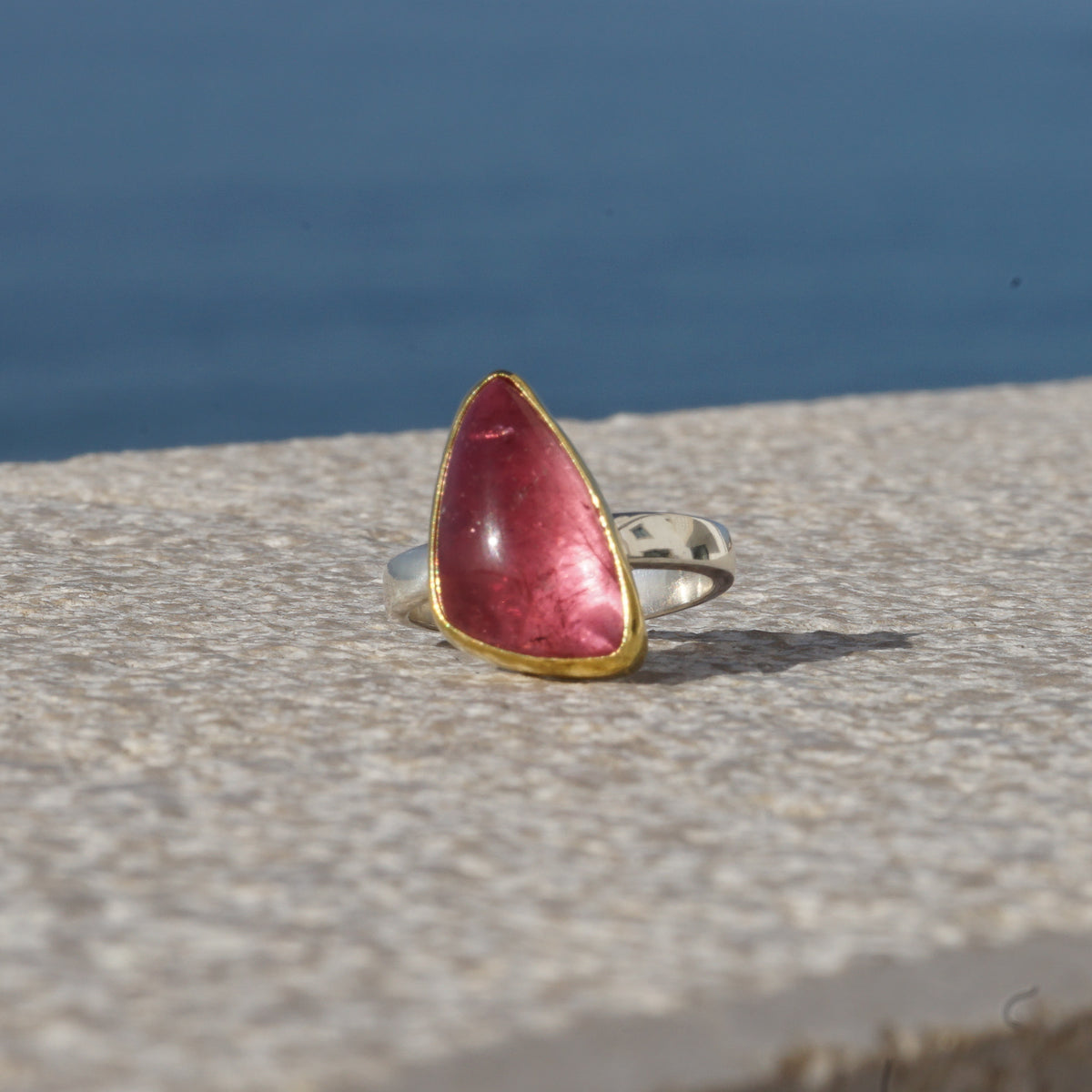 Pink Tourmaline Triangular Ring with 22k Gold Setting and Silver Band